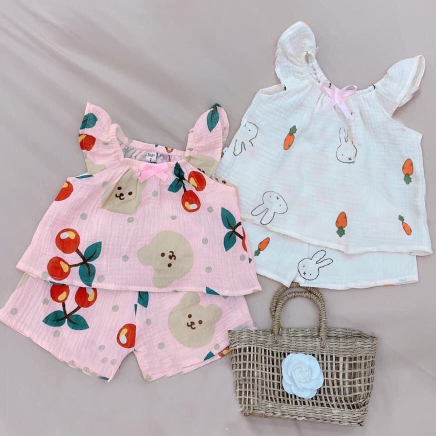 Đồ bộ bé gái quần áo cánh tiên nơ ngực vải xô Muslin QATE751 - Đồ bộ cho bé gái xinh xắn