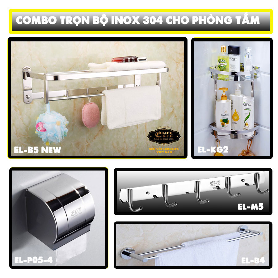 Combo trọn bộ 5 phụ kiện Inox SUS 304 cho phòng tắm Eurolife B5-KG2