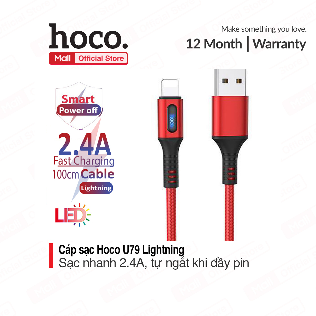 Cáp sạc nhanh 2.4a hoco u79 lightning ngắt điện thông minh có đèn led hỗ trợ sạc và truyền dữ liệu dài 1m