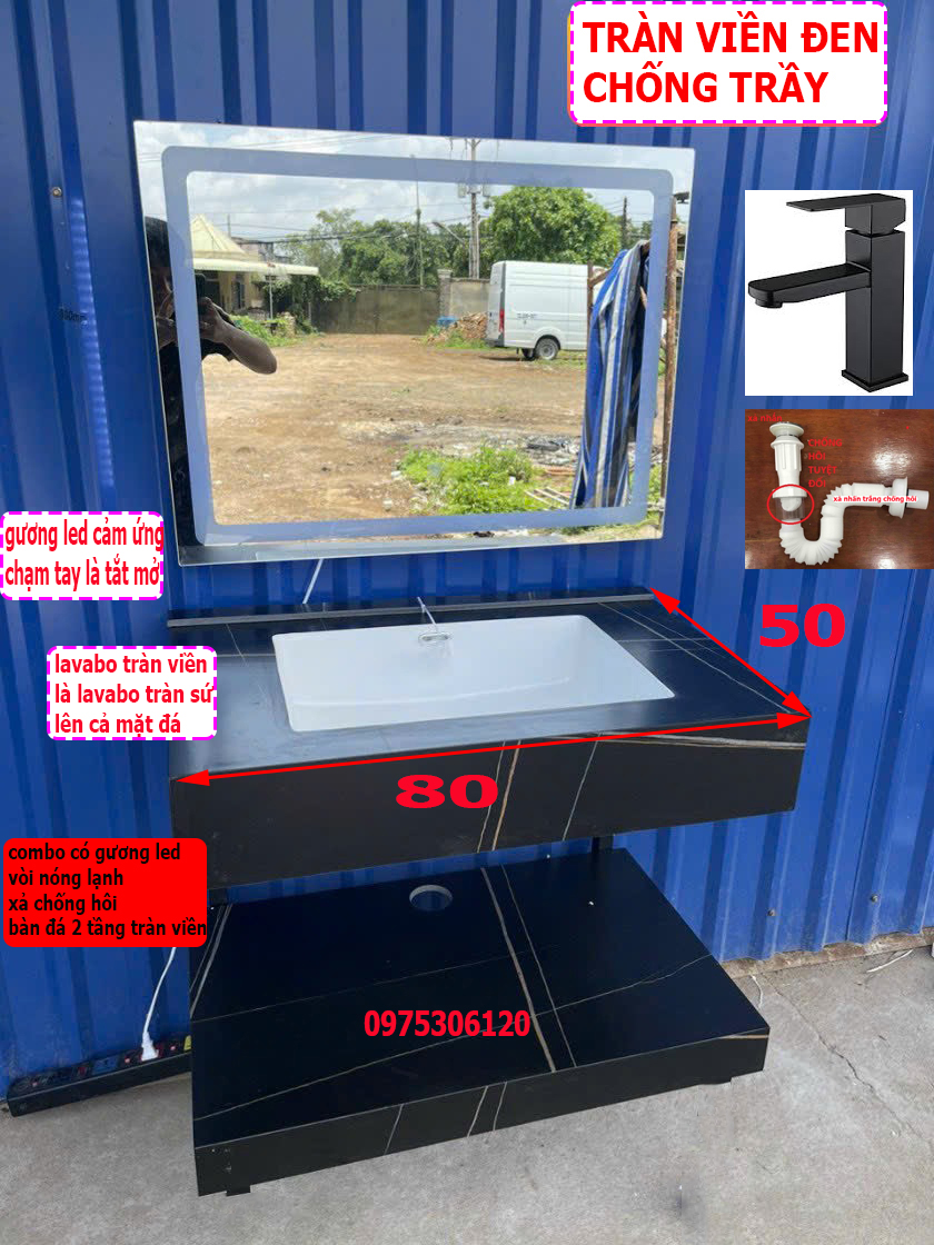 BÀN ĐÁ TRÀN VIỀN Combo chậu lavabo rửa mặt kèm bàn đá âm 2 tầng chống trầy chống thấm và gương led cảm ứng, có vòi lavabo nóng lạnh có xả lavabo