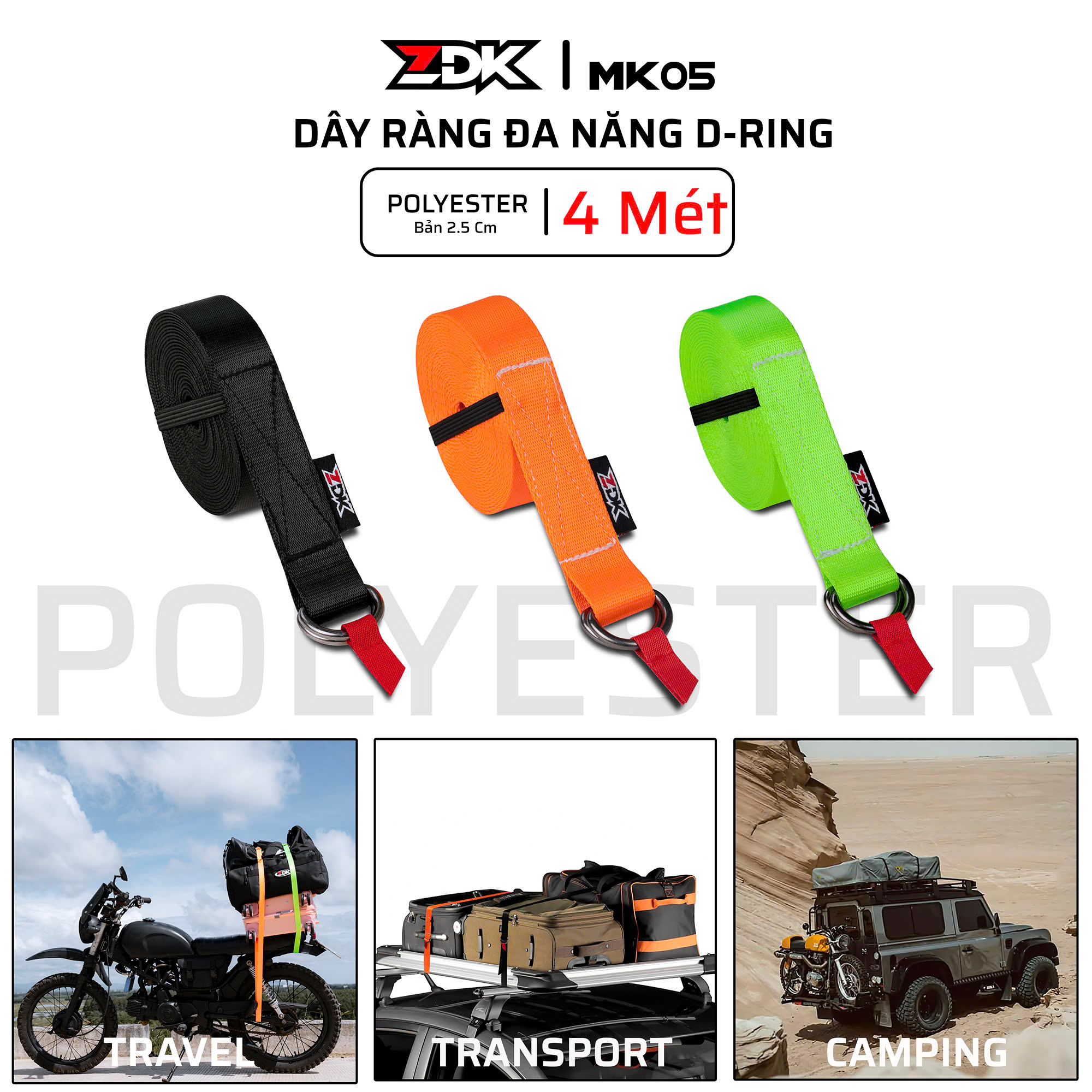 Dây Ràng Đa Năng ZDK MK05, Dây Đai Buộc Đồ Dài 4m, Chất Liệu Polyester, Khoen Chữ D Inox Chắc Chắn