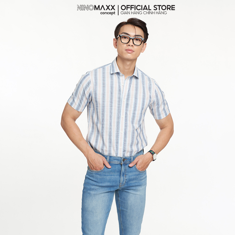 Ninomaxx áo sơ mi nam kẻ sọc tay ngắn chất cotton form slim fit 2205045