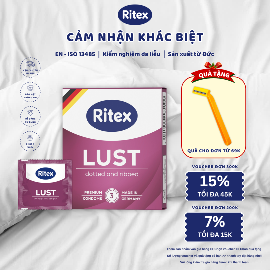 Bao cao su Ritex Lust điểm và gân chống trượt 3 miếng, tiêu chuẩn EN ISO 13485, sản xuất tại Đức, tặng dao cạo cho đơn từ 69k.