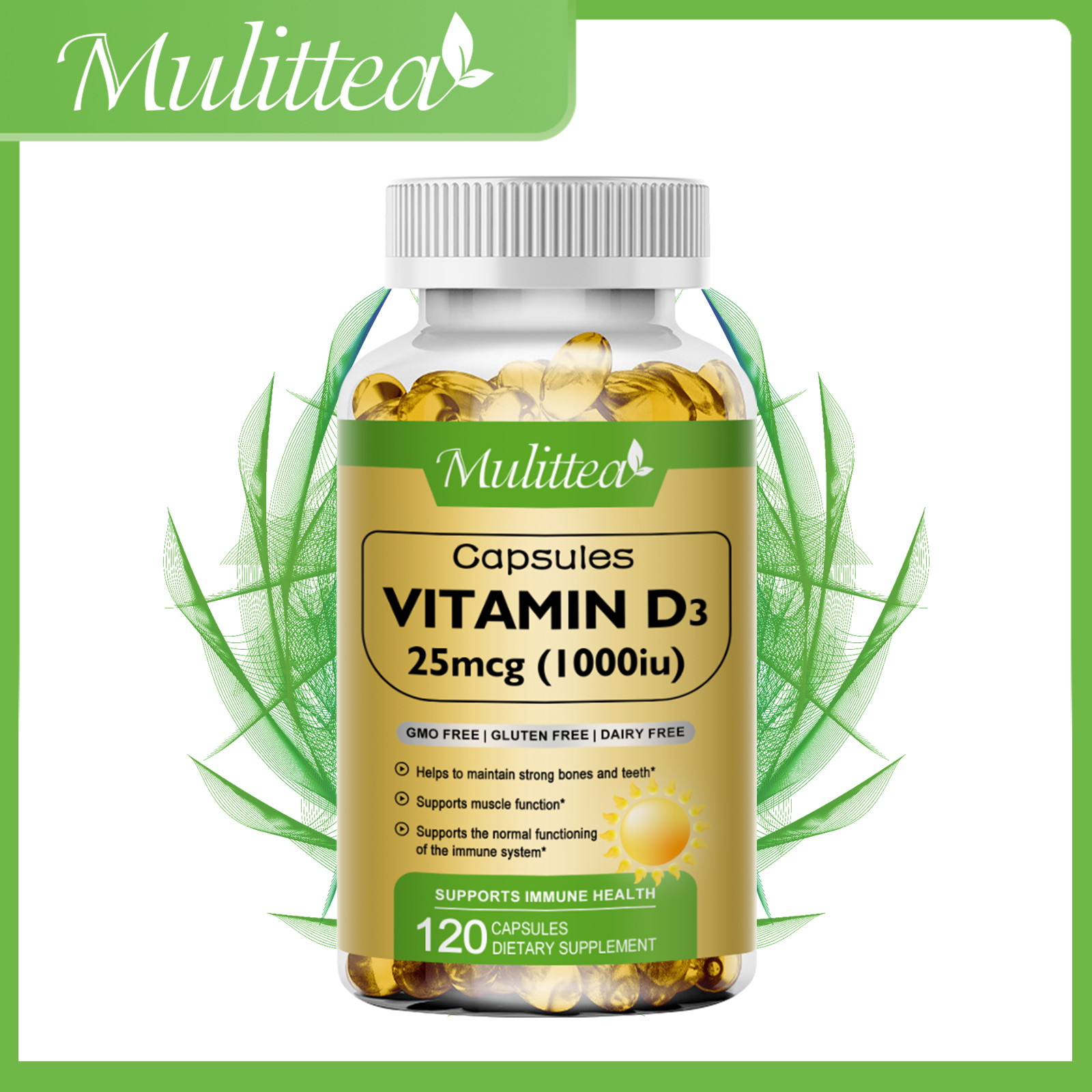 Mulittea Vitamin D3 1000 IU 25 mcg Vitamin D Capsule Chức năng cơ bắp khỏe mạnh giúp hỗ trợ miễn dịch khỏe mạnh xương và răng