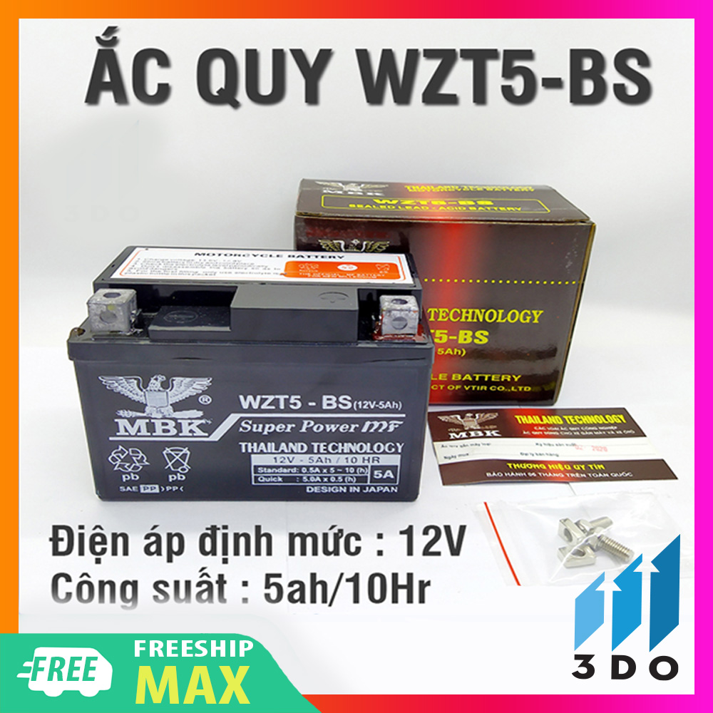 Ắc quy xe máy khô MBK 12v - 5Ah kích thước 112x68x82mm công nghệ Thái Lan mã  WZT5-BS (Bảo hành 12 tháng), ắc quy khô xe máy, bình ắc quy khô xe máy