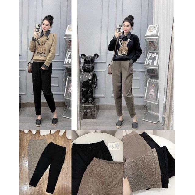 Quần dạ tăm nữ dáng baggy chất liệu dạ tăm thiết kế chun sau mặc mùa thu đông