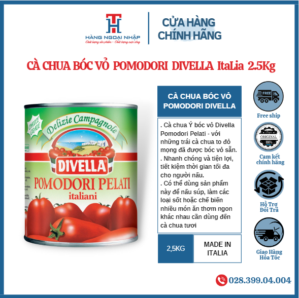 Cà chua bóc vỏ pomodori divella nhập khẩu ý 2.5kg