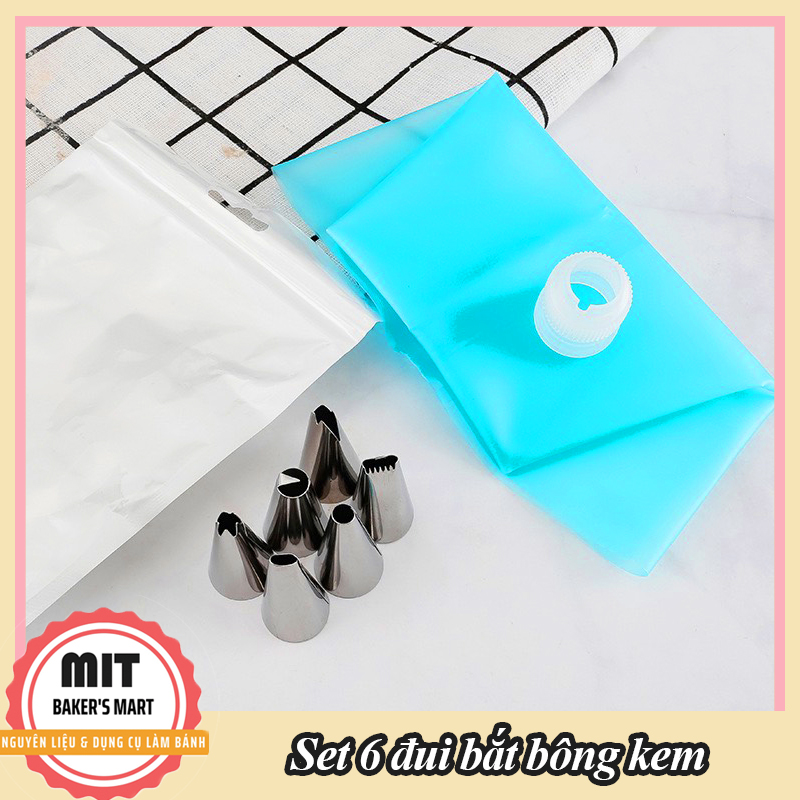 Bộ 6 đuôi bắt kem kèm túi tpu dụng cụ làm bánh các mẫu đui bắt kem thông dụng