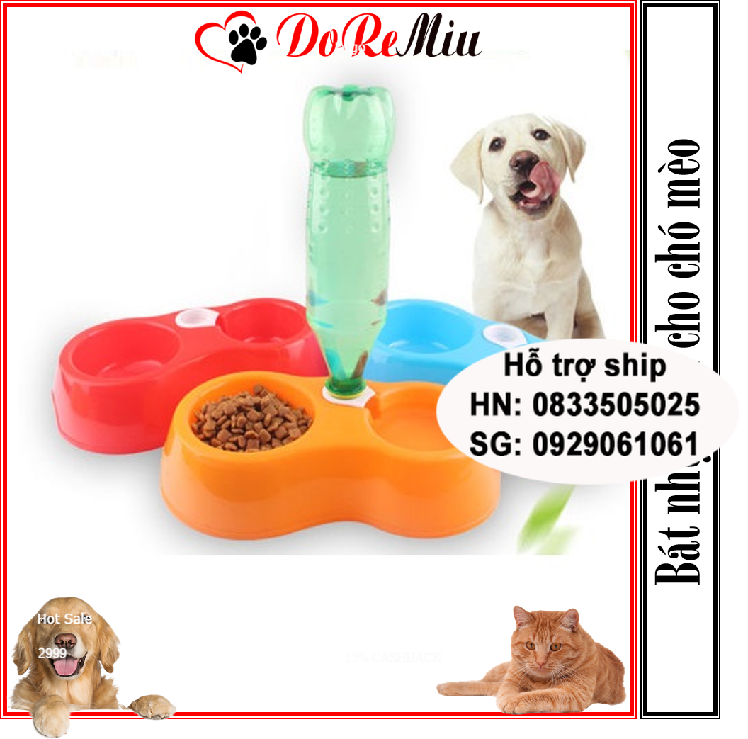 Doremiu- Bát ăn đôi cho chó mèo bằng nhựa cao cấp (2 loại) chén ăn nhựa đôi thú cưng dưới 5kg