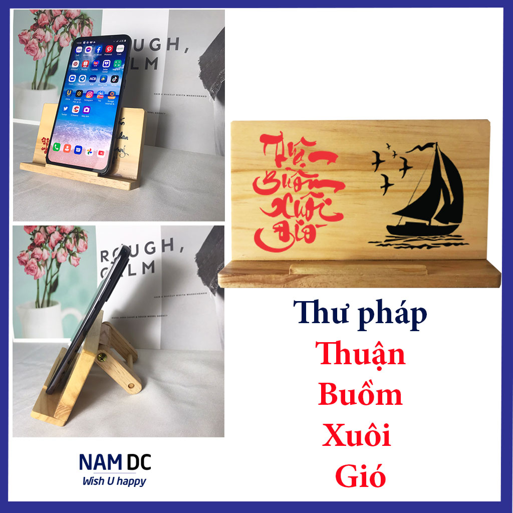 Giá đỡ điện thoại bằng gỗ, kệ để điện thoại bằng gỗ, xếp được - loại thấp - thư pháp THUẬN BUỒM XUÔI GIÓ