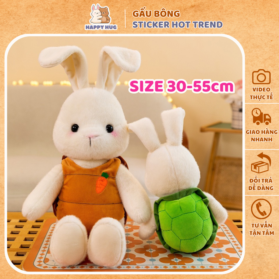 Gấu bông thỏ trắng size 30-55cm mềm mịn mặc áo mai rùa cute, thỏ bông cho bé ôm ngủ siêu dễ thương - Happy Hug