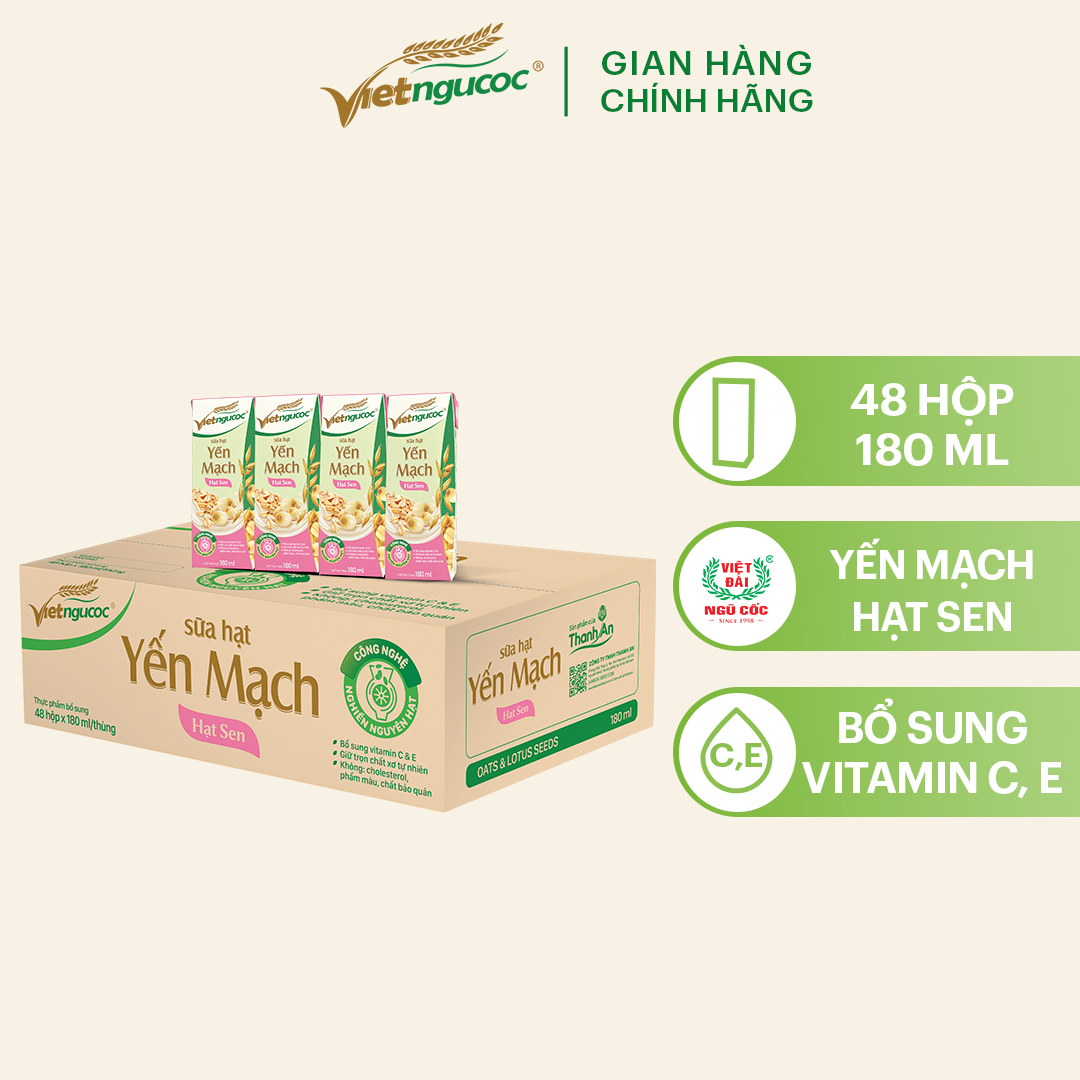 [Bao Bì Mới] Thùng 48 Hộp Sữa Yến Mạch Hạt Sen VIỆT NGŨ CỐC Thơm Ngon Giàu Chất Xơ 180ml/Hộp