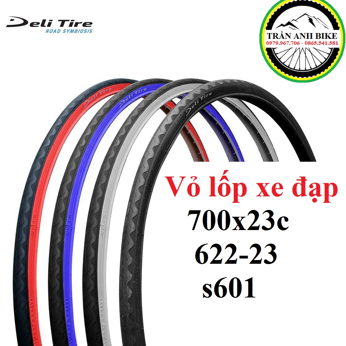 Vỏ lốp xe đạp Deli Tire S601 700x23C - hông màu trắng/ đỏ/ vàng/ xanh
