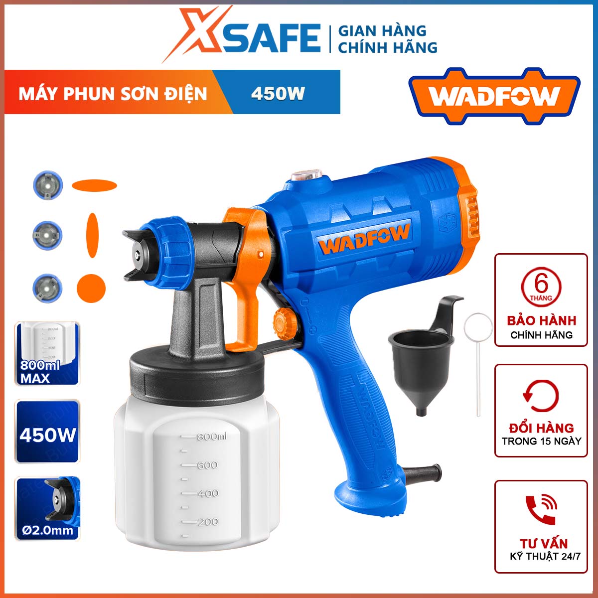 Máy phun sơn cầm tay dùng điện wadfow công suất 450w 220v súng phun sơn điện đa năng áp suất phun 0.1-0.2bar bình chứa 800ml độ nhớt tối đa 100din, béc phun 2.0mm