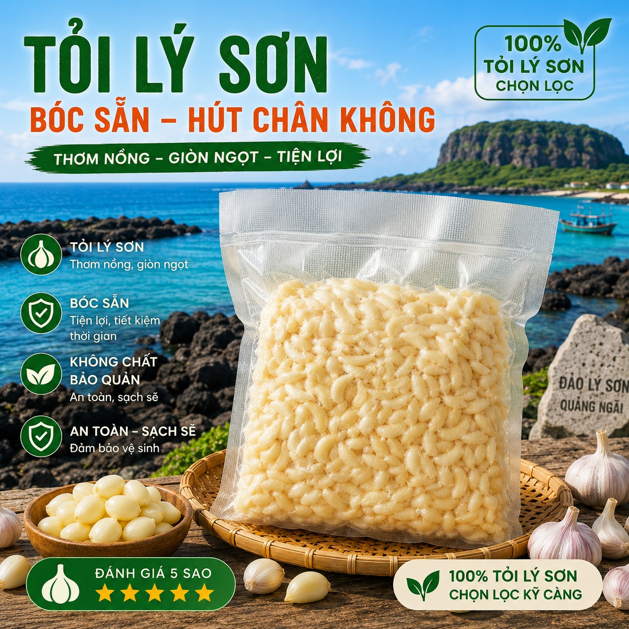 Tỏi Lý Sơn Bóc Sẵn Chính Gốc Quảng Ngãi – Tỏi Sạch Đã Bóc Vỏ, Tép Nhỏ Nhiều Nhánh,Thơm Nồng Tự Nhiên