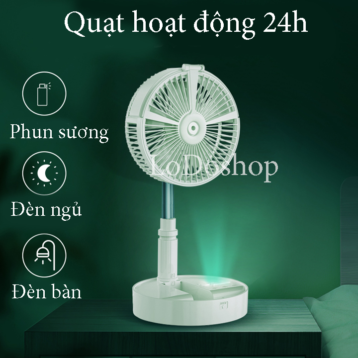 Quạt sạc tích điện gấp gọn đa năng 4 cấp độ có phun sương và đèn ngủ dung lượng 7200 mAh - Quạt để bàn xếp gọn loại lớn có đèn led - Quạt phun sương làm mát cao 1m đi du lịch cắm trại đi phượt có sạc điện thoại