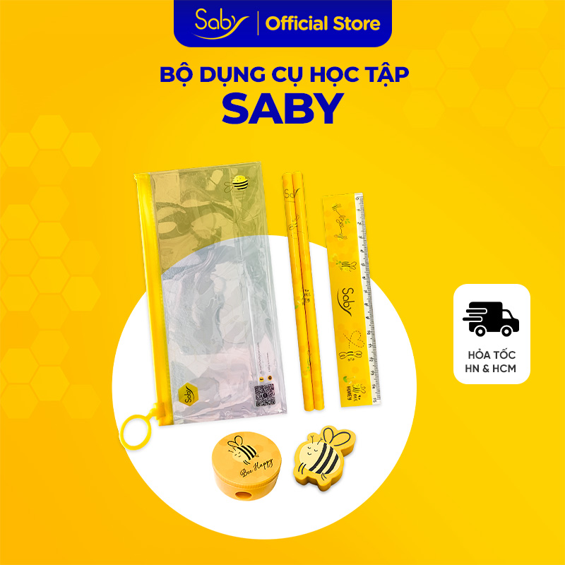 Bộ dụng cụ học tập cho bé Saby 6 món bút chì thước kẻ gôm tẩy túi đựng bút đồ dùng học tập tiểu học