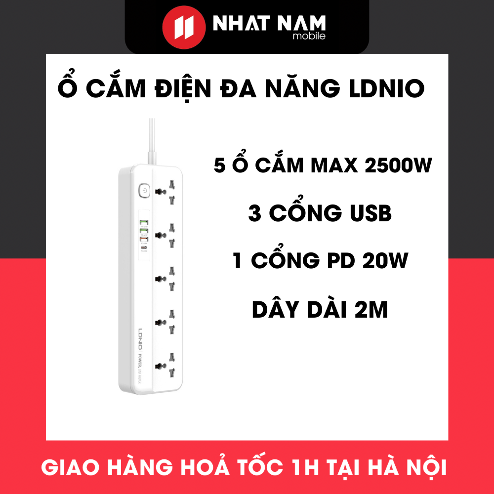 Ổ cắm điện đa năng ldnio, hỗ trợ 5 ổ công suất max 2500w, 3 cổng qc 18w, pd 20w, bh 12 tháng