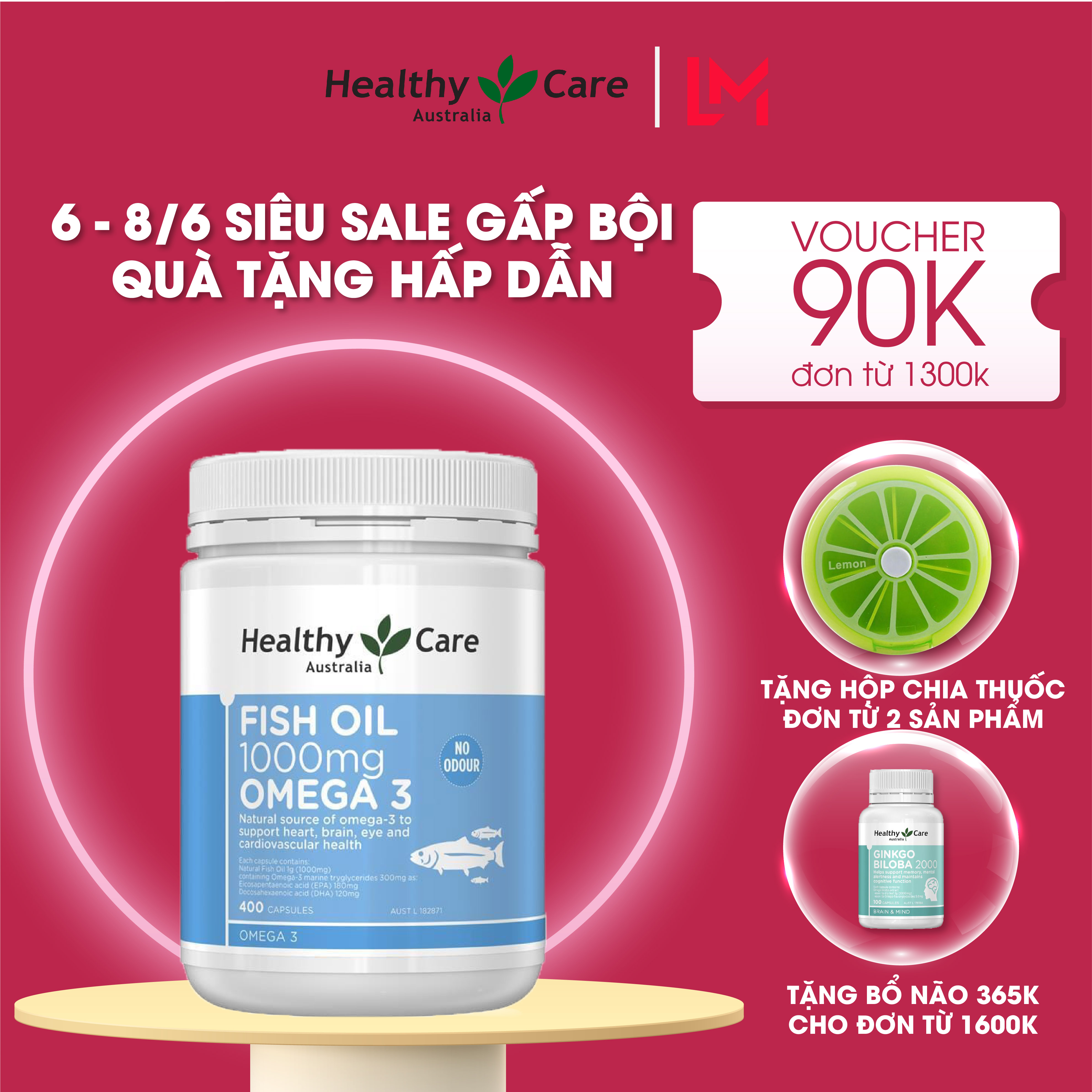 Dầu cá Healthy Care Fish Oil 1000mg Omega 3 400 viên Bổ não sáng mắt tăng miễn dịch