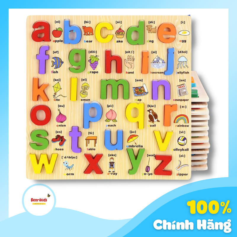 Bảng Học Chữ Cái  Nổi In Thường Bằng Gỗ Song Ngữ, Bảng Ghép Chữ Thường Giúp Bé Học Tiếng Anh Hiệu Quả Có Phiên Âm