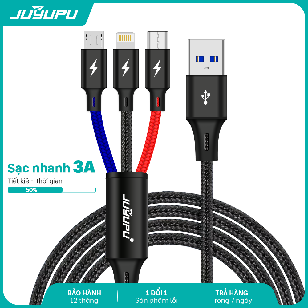 Dây sạc juyupu ts30 x116 cao cấp 3 đầu lightning micro type c nguồn điện 3a bộc dù chính hãng cáp sạc