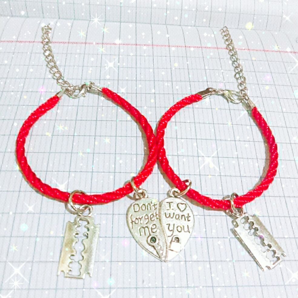 Vòng tay cặp tình yêu (2 cái) từ dây xoắn nhật kèm mặt trái tim đôi và hình lưỡi lam (ảnh thật)