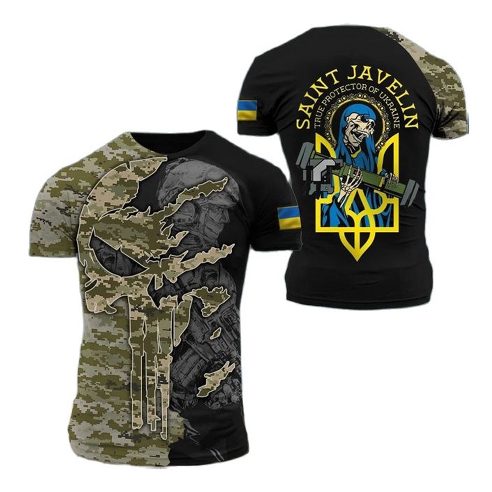 Áo thun Rằn Ri Nam Ukraina 2024 Áo thun in phong cách Lữ Đoàn quân đội quần áo cờ quân đội cựu chiến binh áo cổ tròn Harajuku ngoại cỡ Ins