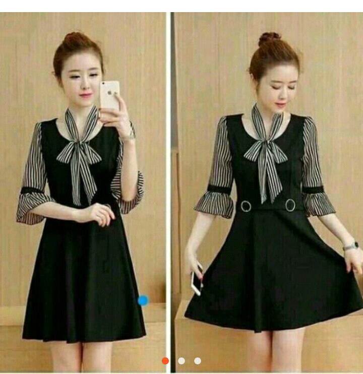 Đầm xòe sọc phối nơ