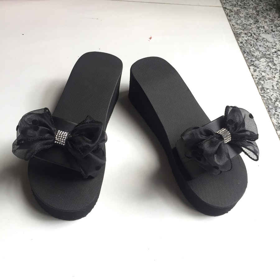 Dép nữ quai ngang nơ đen cao 5cm - Bảo hành 12 tháng