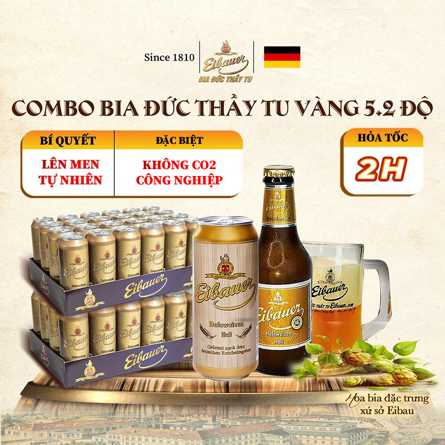 [BIA ĐỨC_SINCE 1810] Combo 2 Thùng Bia Tươi Thầy Tu EIBAUER HEFEWEIZEN HELL 5.2 ĐỘ - Bia Tươi Men Sống Thượng Hạng