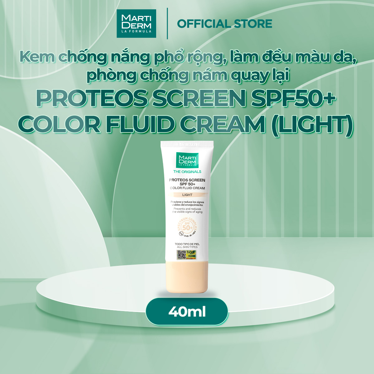 [PHIÊN BẢN MỚI] Kem Chống Nắng Ngừa Sạm Nám MartiDerm The Originals Proteos Screen SPF50+ Color Fluid Cream (Light) (40ml)