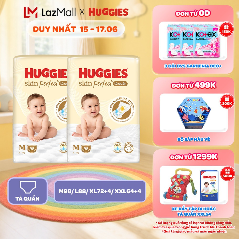 Combo 2 gói Tã quần Huggies Skin Perfect Mega Jumbo M98/L88/XL72+4/XXL64+4 miếng với 2 vùng thấm giảm kích ứng da