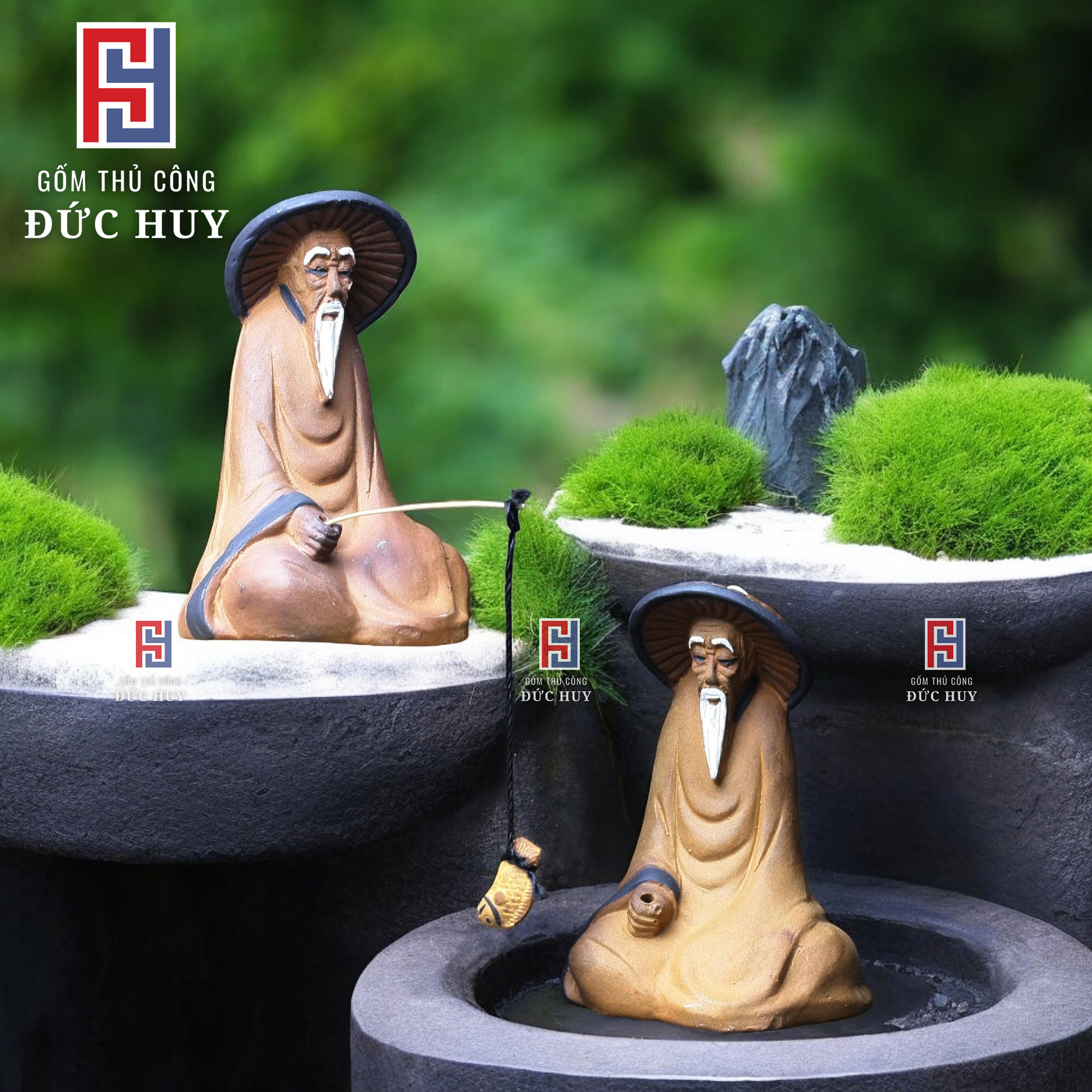 Tượng gốm Lão già râu trắng câu cá - trang trí hòn non bộ núi đá