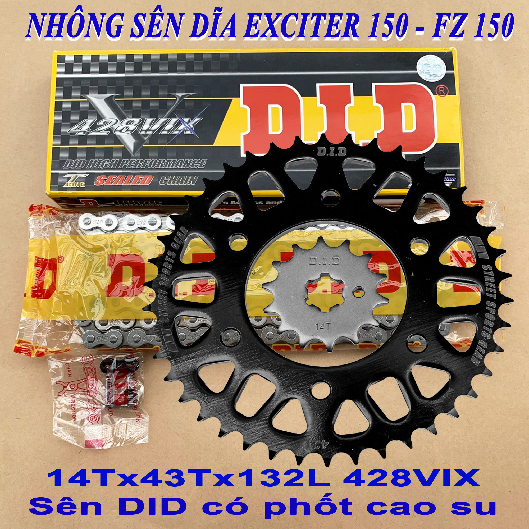 Nhông sên dĩa Exciter 150 - FZ 150 nhông 14T dĩa 43T sên phốt cao su 132L - Thái Lan