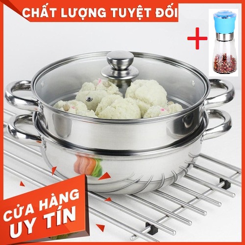 Xửng hấp inox 2 tầng cao cấp + Tặng kèm xay tiêu thủy tinh tiện dụng