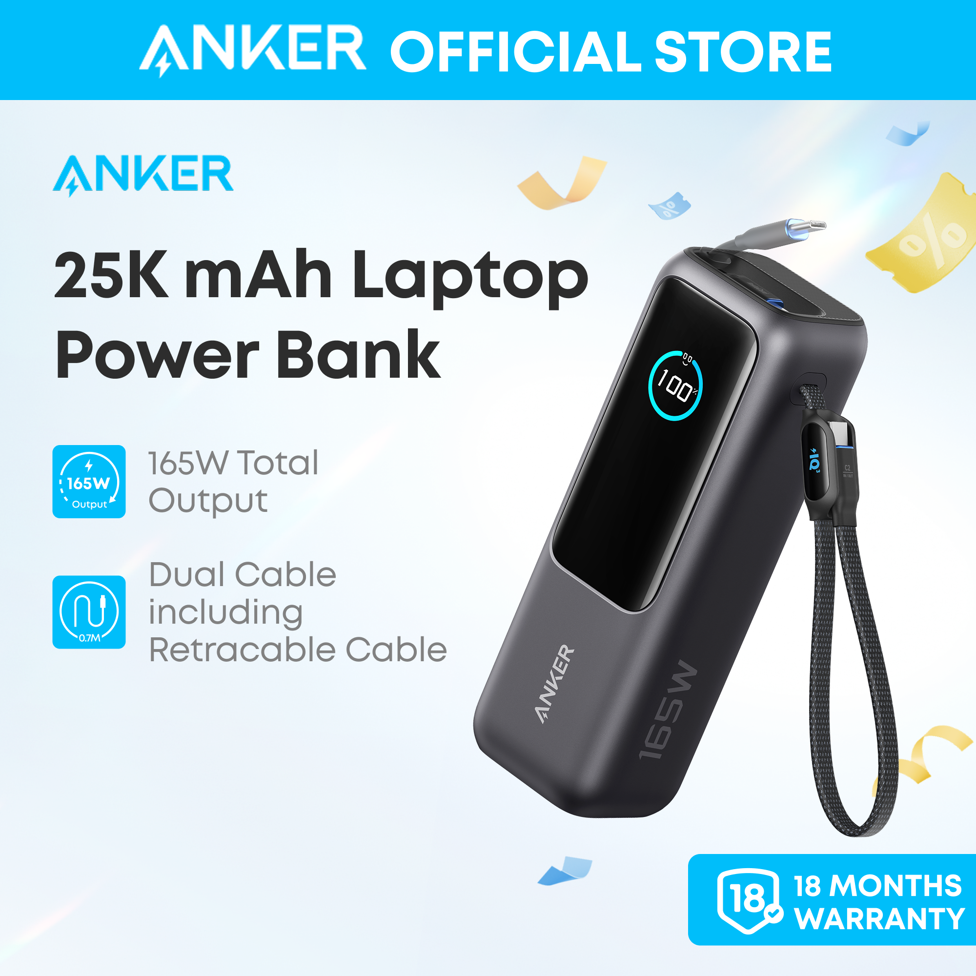  sạc dự phòng Anker Power Bank  25,000mAh Portable Charger with Triple 165W USB-C Ports for Multi-Device Charging Tích hợp cáp USB-C có thể thu gọn Built-In and Retractable Cables for iPhone 17  17 Air  17 Pro series Model: A1695 