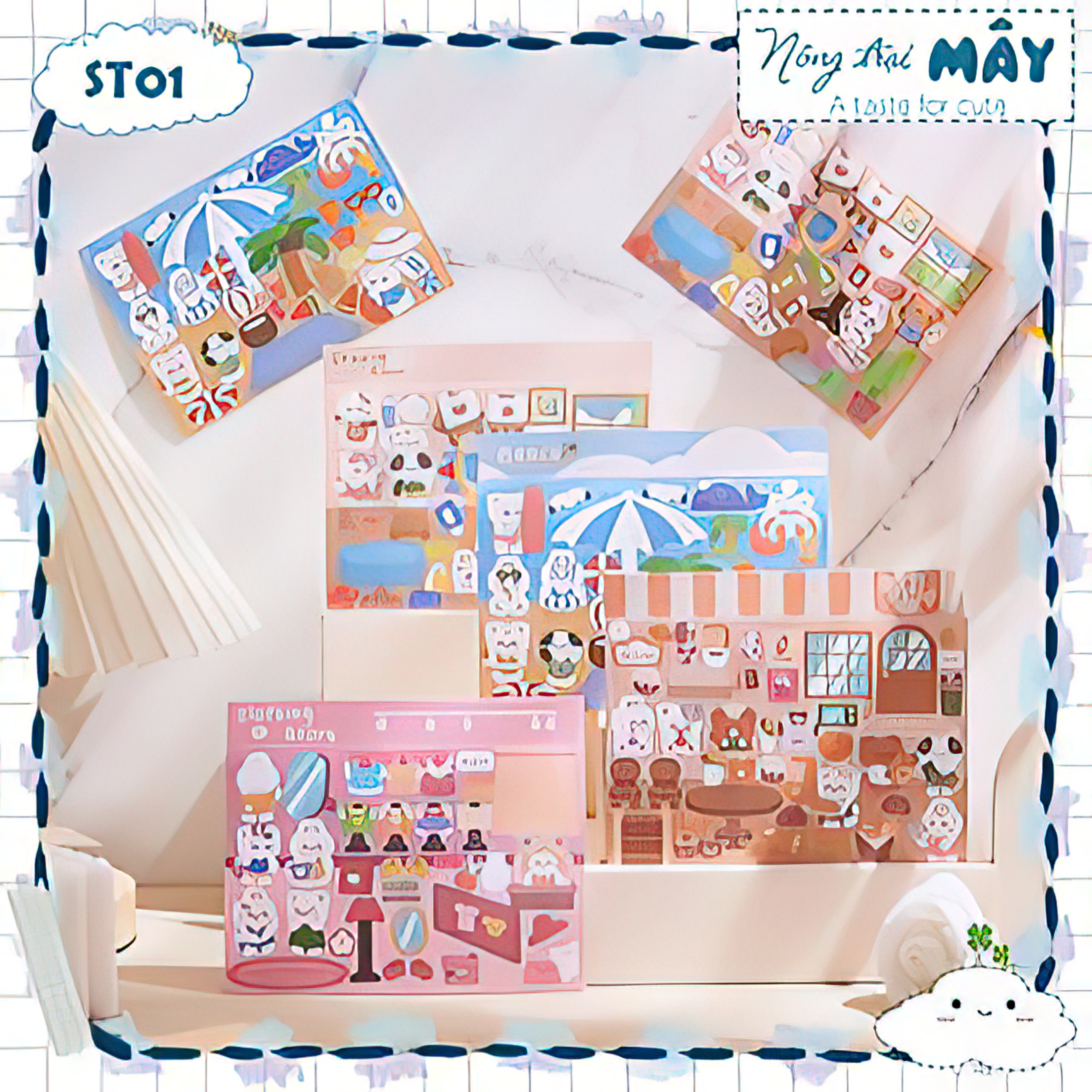 Sticker gấu béo và thỏ cute Nông Trại Mây theo chủ đề chống thấm nước phong cách Hàn Quốc