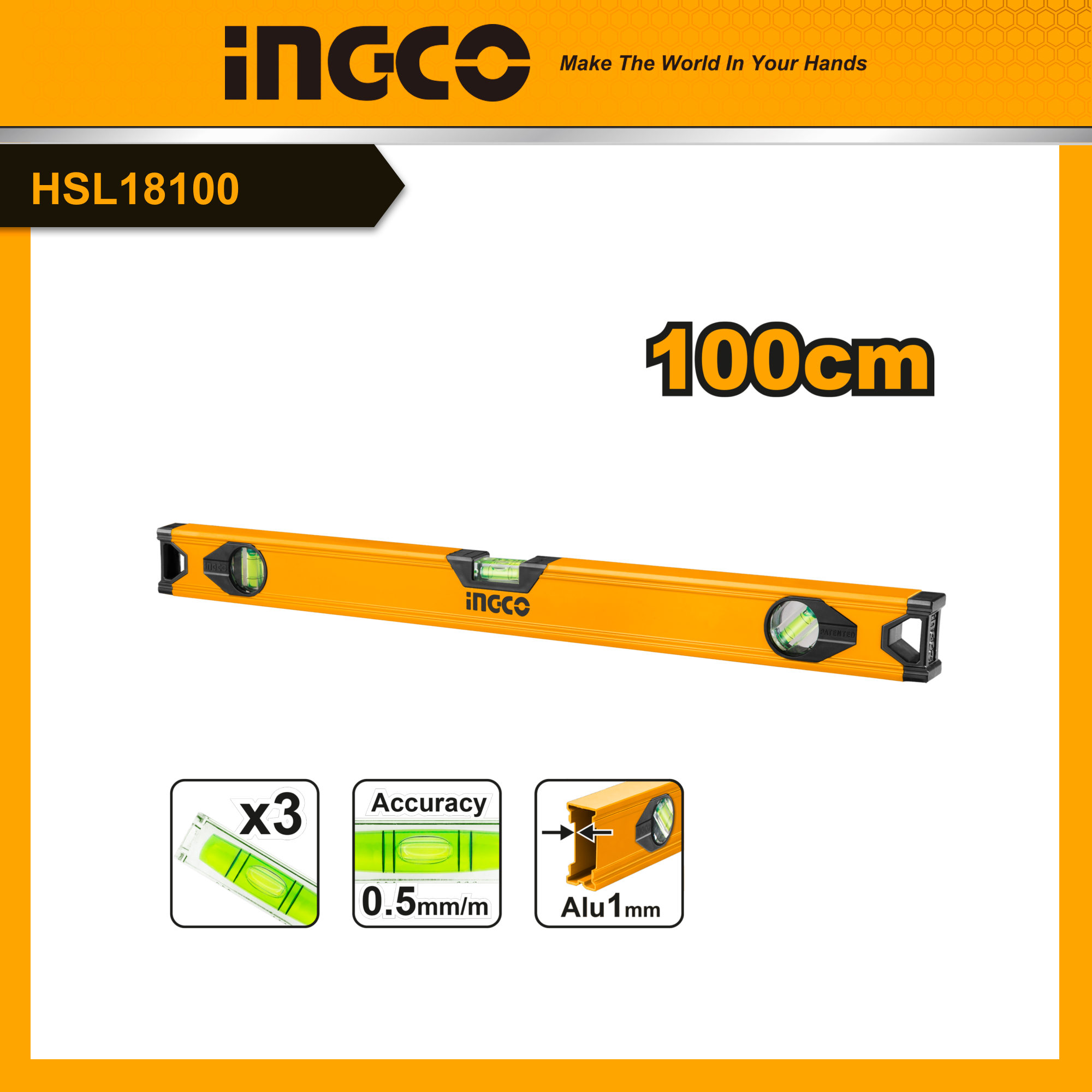 Ingco thước thủy 100cm hsl18100