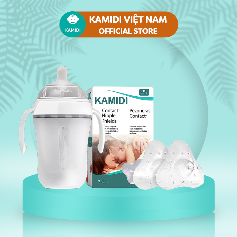 Combo bình sữa Kamidi silicon trắng dung tích 150ml 250ml và núm trợ ti