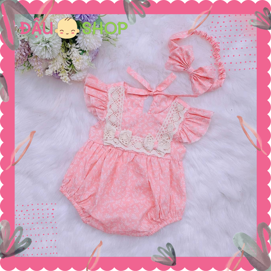 Body sơ sinh bé gái S006 đầy tháng, thôi nôi - Cộc tay phối ren kèm nơ
