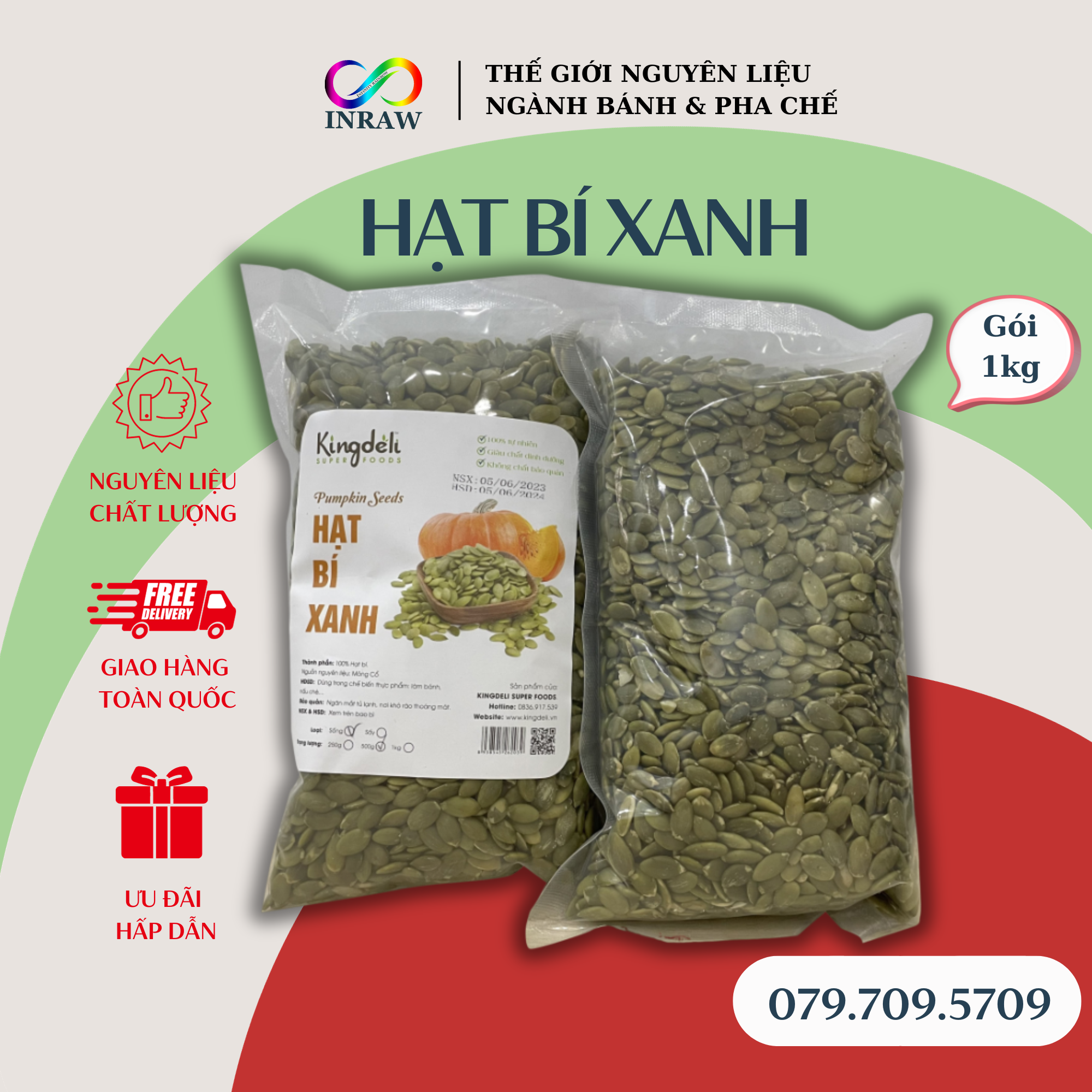 Hạt bí xanh tách vỏ túi 1kg/500gram - peeled pumpkin seeds