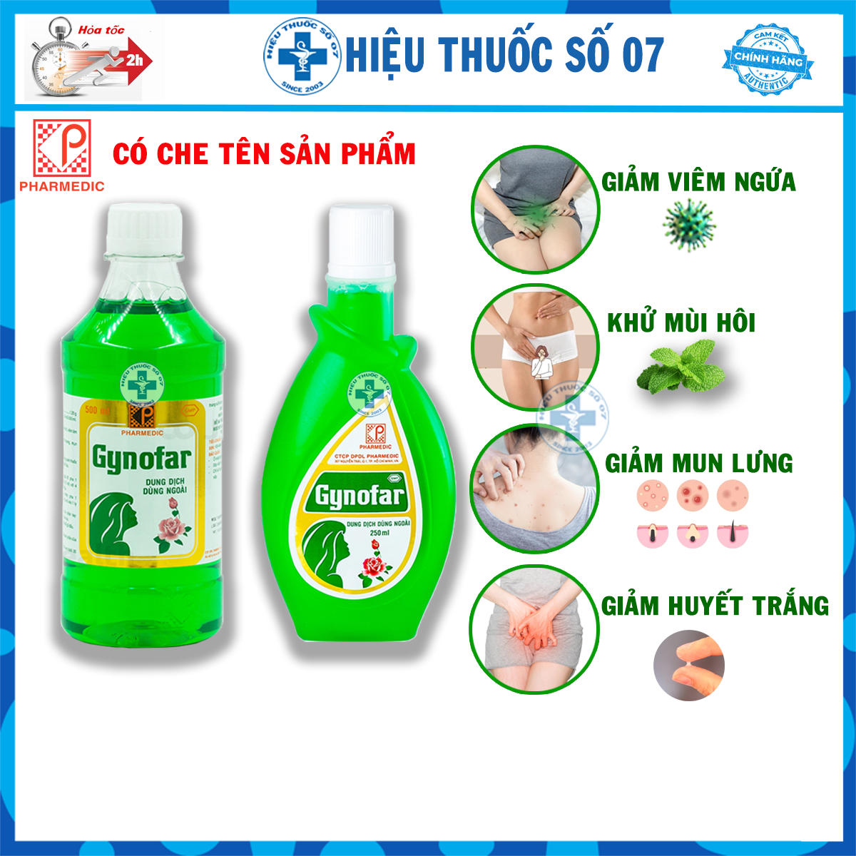 Dung dịch vệ sinh phụ nữ Gynofar chống ngứa v.i.ê.m âm đạo, huyết trắng, sát trùng vết thương, mụn lưng, rôm sảy, chống gàu chai 90ml/250m/500ml (Có che tên sản phẩm - Hàng chính hãng - Date mới)