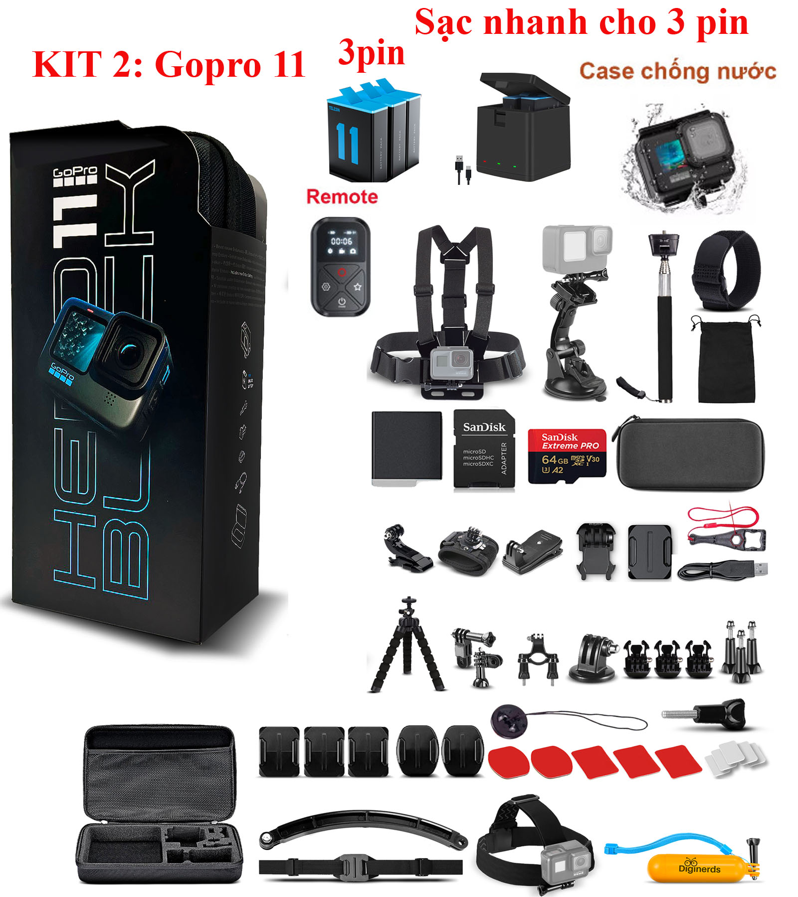 Chính hãng gopro hero11 black, tặng thẻ nhớ 64gb, gói phụ kiện, 1 pin theo máy, 3 pin ngoài, sạc nhanh, đầu đọc thẻ...