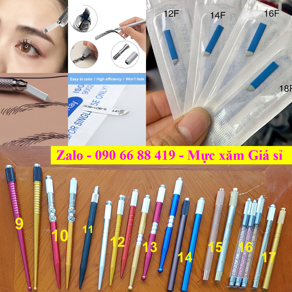 Cán điêu khắc lông mày, bút khắc lông mày + Lưỡi dao điêu khắc lông mày phun xăm - Dao khắc lưỡi điêu khắc chân mày thẩm mỹ 12V-14V-16V-18V xéo 18U tròn