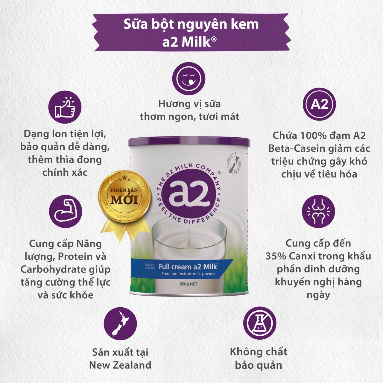 Sữa bột A2 nguyên kem 850gr dạng lon Úc
