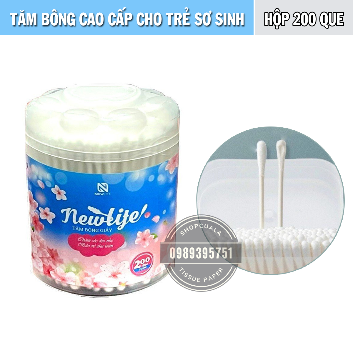 Tăm bông cao cấp cho trẻ sơ sinh NewLife - Hộp 200 que