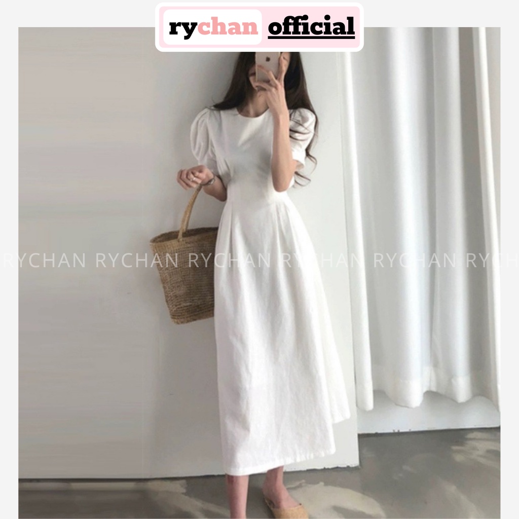 Đầm xòe midi tay phồng cột eo 2 màu đơn giản - dx0069