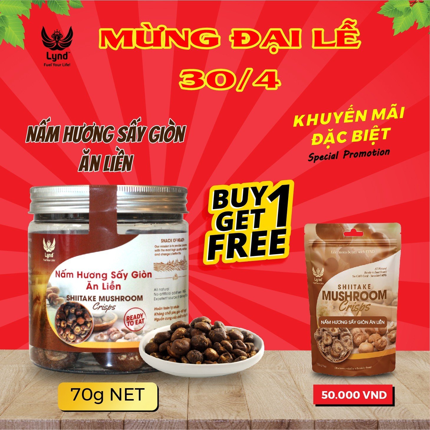 Khuyến mãi đặc biệt mua 1 hộp snack nấm hương tặng 1 gói snack nấm hương