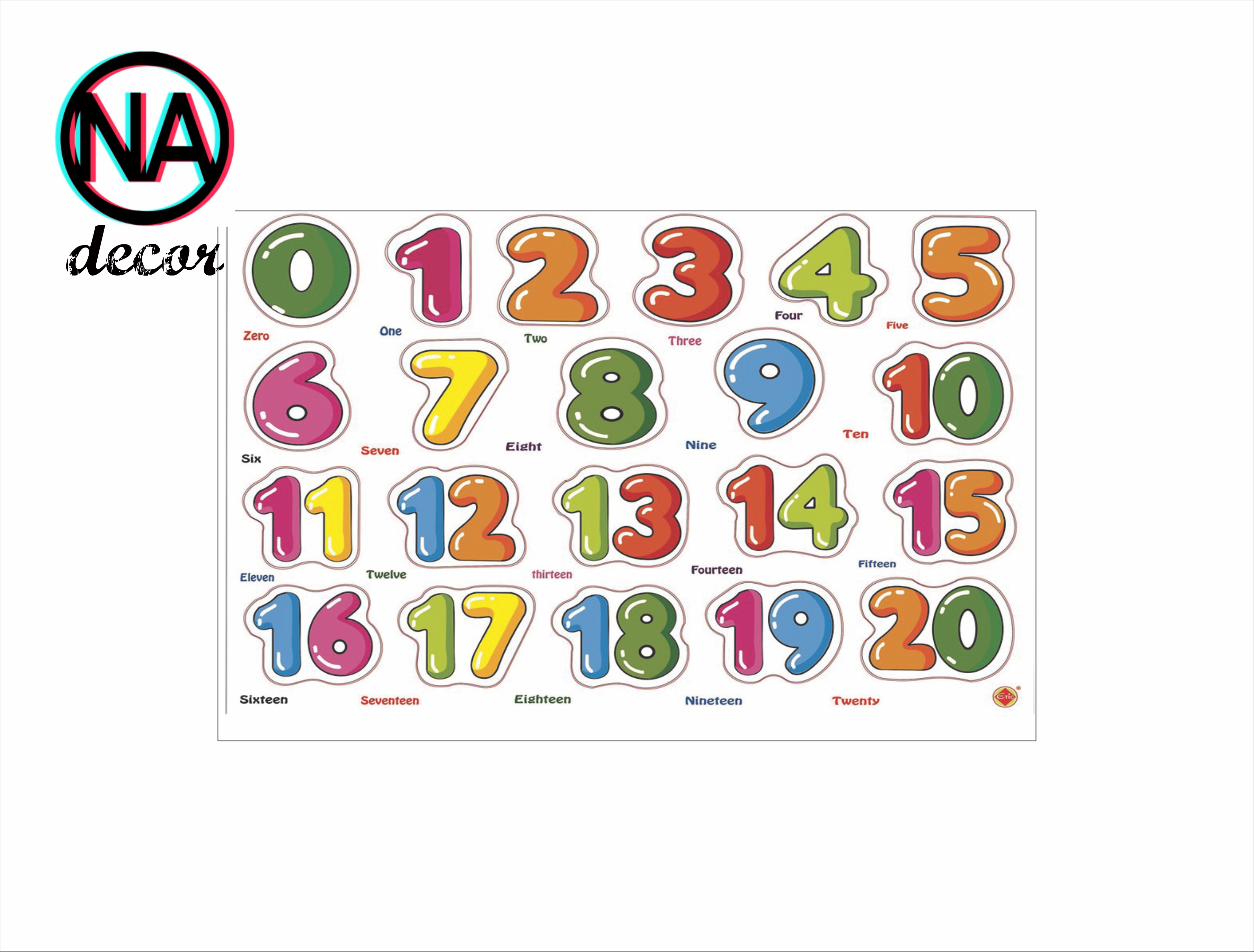 Decal số đếm từ 1 đến 20 cho bé từ 2 đến 5 tuổi , có tiếng anh, kích thước 40x60cm , 53x80cm