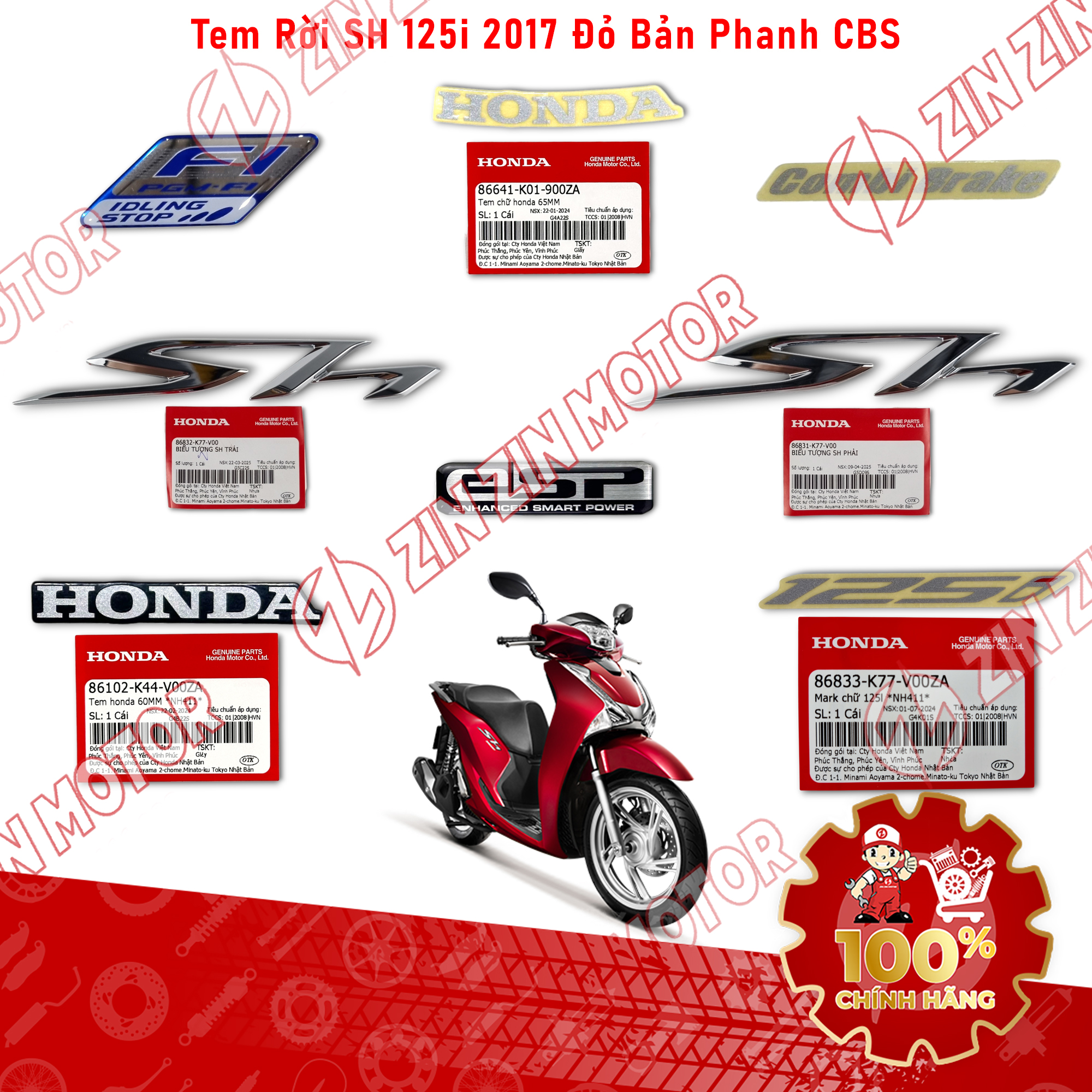 Tem Rời Xe SH 125i 2017 Đỏ Phiên Bản Phanh CBS 86644-KZR-770ZA , 86641-K01-900ZA Chính Hãng - ZZM